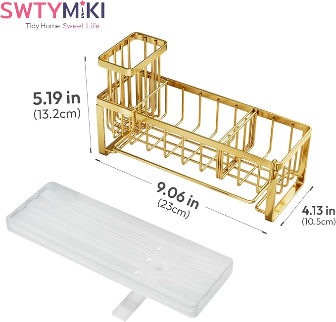 SWTYMIKI Sponge Holder for Kitchen Sink - Sink Caddy with Brush Holder Self-draining Sponge Caddy Organizer with Divider Stainless Steel Kitchen Accessories Storage for Countertop, Gold