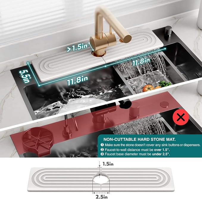 Large Faucet Mat for Kitchen Sink - Stone Drying Mat for Kitchen Counter, Diatomite Fast Drying Stone Sink Tray, Super Absorbent, Stylish Decor and Protector for Bathroom (Light Grey, 23.6" x 5.5")