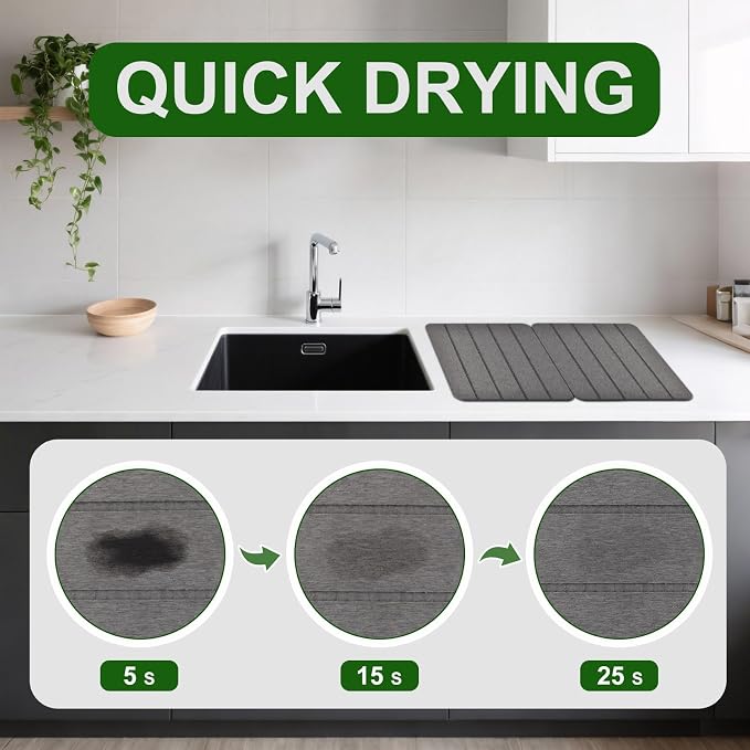 Stone Drying Mat for Kitchen Counter, 2-Pack 16"x12" Fast Drying Stone Dish Mat, Double-Sided Diatomaceous Earth Dish Drying Mat, Highly Absorbent Eco-Friendly Kitchen Mat (Gray, Vertical Stripes)