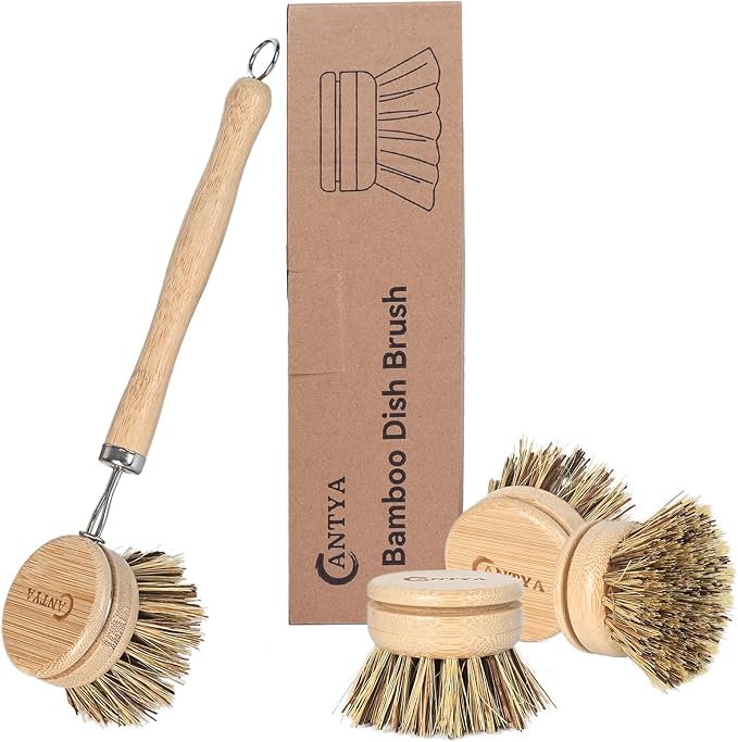Bamboo Dish Scrubber with Handle - Hard Bristle Natural Bristle Brush Sustainable & Biodegradable Kitchen Scrub Brush for Dishes Pans and Pots