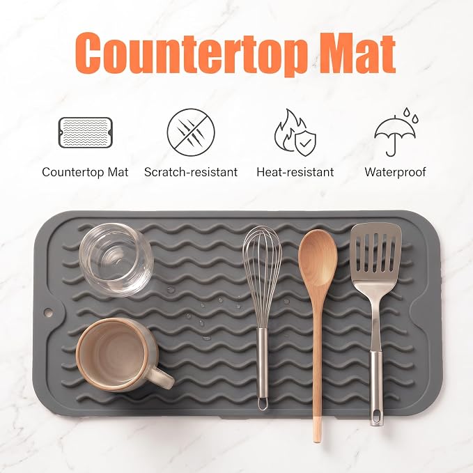 MicoYang Silicone Dish Drying Mat for Multiple Usage,Easy clean,Eco-friendly,Heat-resistant Silicone Mat for Kitchen Counter or Sink,Refrigerator or Drawer Liner Grey S 12 inches x 6 inches