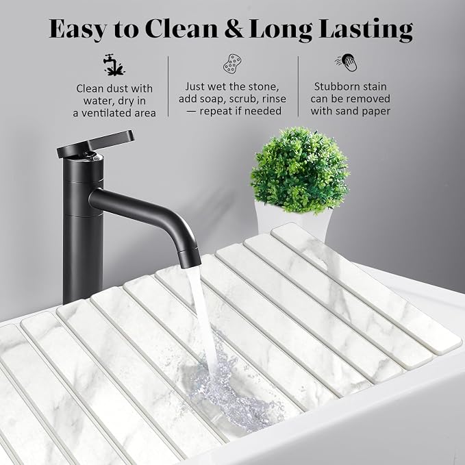 Large Stone Dish Drying Mat for Kitchen Counter, Quick Dry Dish Drying Mats, Foldable Absorbent Diatomaceous Earth Mats for Dishes Bottles Cup, Match Any Countertop (White Marble 28"×16" & 8"x4")