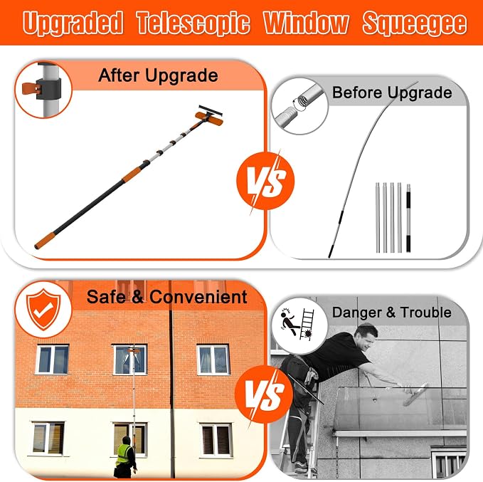 25FT Reach Window Squeegee Kit with Extension Pole, 2-in-1 Professional Washer for High Windows, 5-20FT Adjustable Reach, Rotatable Head for Indoor & Outdoor Use, Streak-Free Cleaning Tool for Home