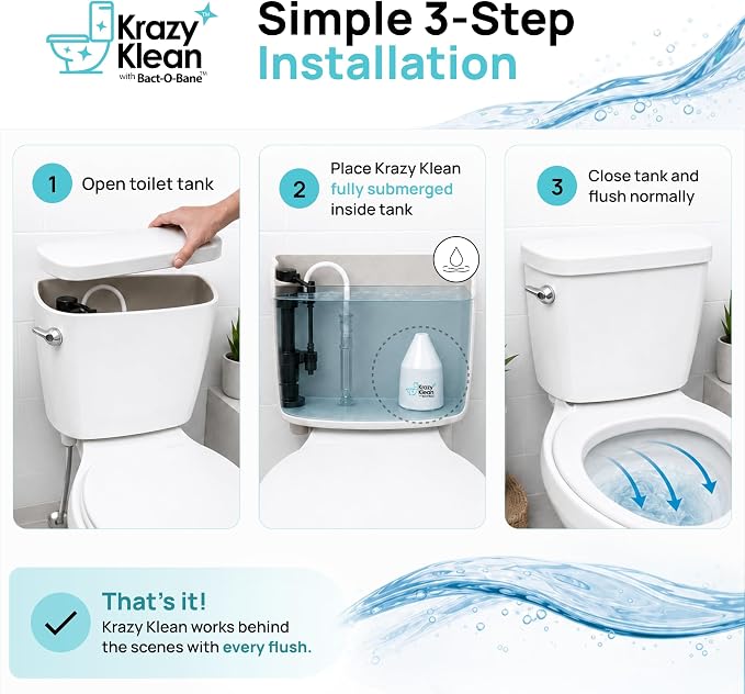 Krazy Klean Automatic Toilet Cleaner - Continuous Flush Cleaning System - Helps Reduce Buildup & Stains - Easy Install, No Daily Scrubbing - 1 Count