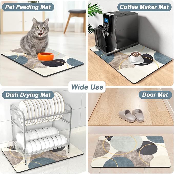 Rnivvi Coffee Mat, 12" x 19" Cute Boho Theme Coffee Bar Mats for Espresso Machine Station Accessories and Organizer, Hide Stain Rubber Backed Absorbent Dish Drying Pad for Kitchen Counter, Circle