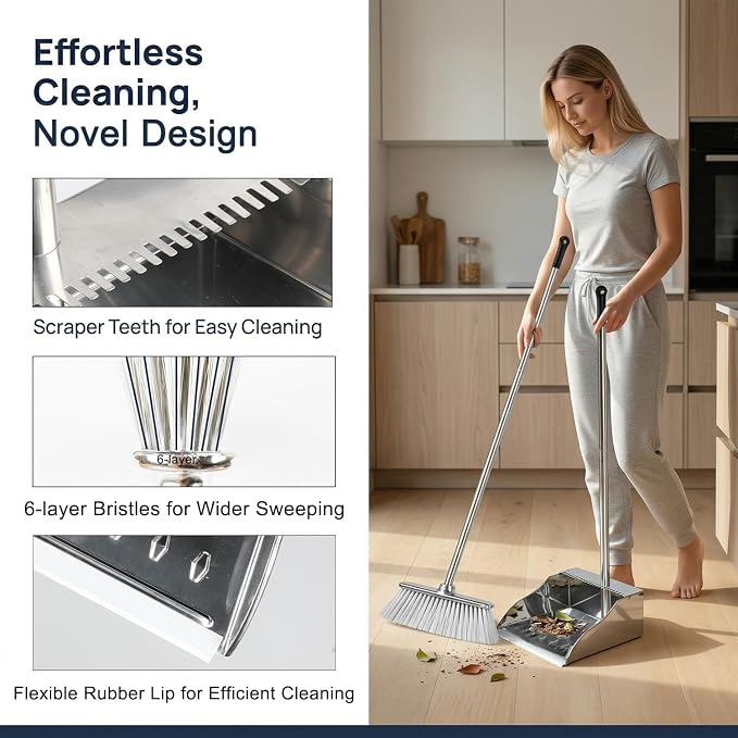 Soft Bristle Broom & Stainless Dustpan Set, Silver, Tile/Wood/Composite