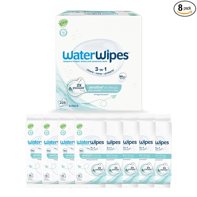 WaterWipes Sensitive+ On The Go Wipes, 3-In-1 Cleans, Cares, Protects, 99.9% Water, Unscented & Hypoallergenic Wet Wipes, 224 Count (8 Packs)