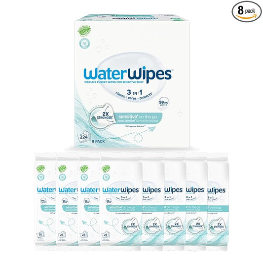 WaterWipes Sensitive+ On The Go Wipes, 3-In-1 Cleans, Cares, Protects, 99.9% Water, Unscented & Hypoallergenic Wet Wipes, 224 Count (8 Packs)