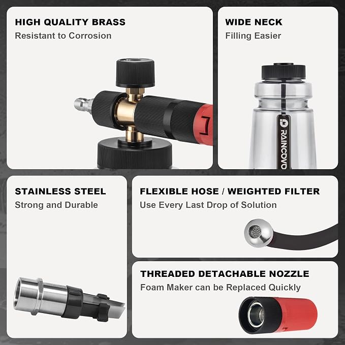 Raincovo Foam Cannon Wide Mouth for Pressure Washer, Snow Pro | Thick Snow Foam Lance for Car Wash, Adjustable Soap Cannon with 1/4 Inch Quick Connector, Additional 1.1mm Orifice Nozzle