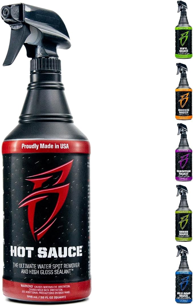 Bling Sauce Hot Sauce Hard Water Spot Remover with Wax Sealants, 32 oz | Hard water spot remover cleans without stripping wax, adds glossy sealants and works on boats, RVs, autos and glass