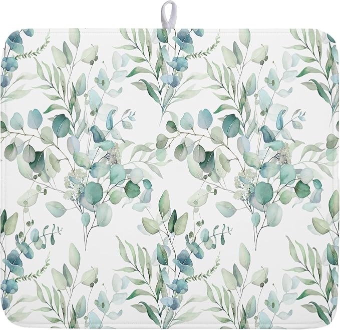 Watercolor Sage Leaves Dish Drying Mats for Kitchen Counter 16x18 Inch,Spring Leaves Kitchen Drying Mat,Sage Herbs Dishes Pad Dish Drainer Rack Mats Absorbent Fast Dry Kitchen Accessories