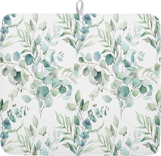 Watercolor Sage Leaves Dish Drying Mats for Kitchen Counter 16x18 Inch,Spring Leaves Kitchen Drying Mat,Sage Herbs Dishes Pad Dish Drainer Rack Mats Absorbent Fast Dry Kitchen Accessories
