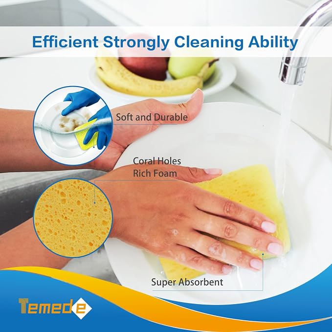 Temede Large Cellulose Sponges, Thick Absorbent Kitchen Sponges, 5-Pack | 5.5" x 3" x 1.2" (Expand), Soft Dish Sponge, Heavy Duty Scrub Sponges, Non-Scratch Cookware, Household, Compressed Packaging
