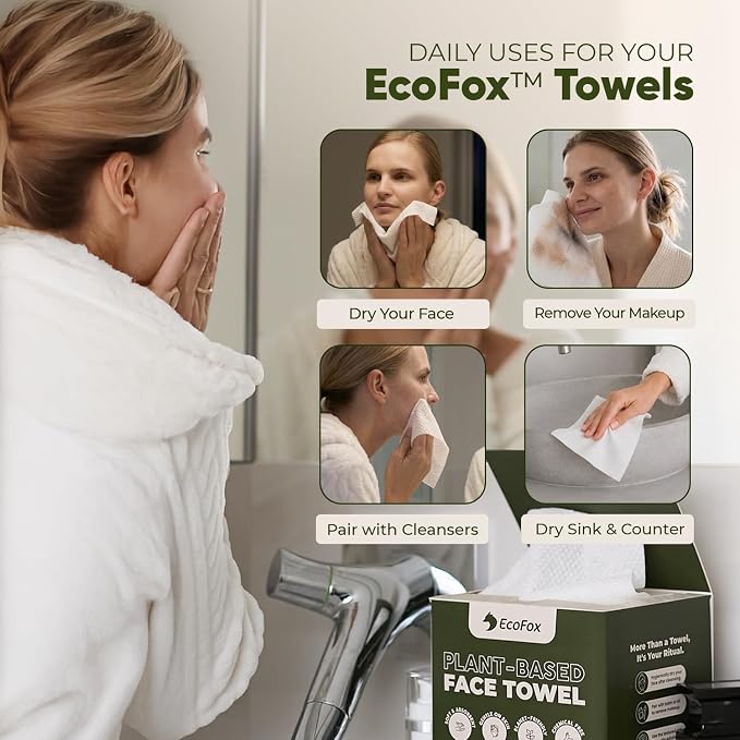 EcoFox Clean Face Towels XL | Disposable Facial Washcloths, Ultra-Absorbent, Hypoallergenic & Soft Towelettes | Dual-Textured, Lint-Free Makeup Remover Dry Wipes, 10x12 Inch | PETA-Approved (60 Pack)