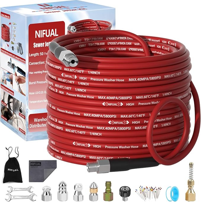 NIFUAL Sewer Jetter Kit for Pressure Washer,50FT 5800PSI Pressure Drain Cleaner 1/4 Inch NPT Corner Rotating and Button Hose Sewer Jetting Nozzle for Homeowners & DIYers (50FT)