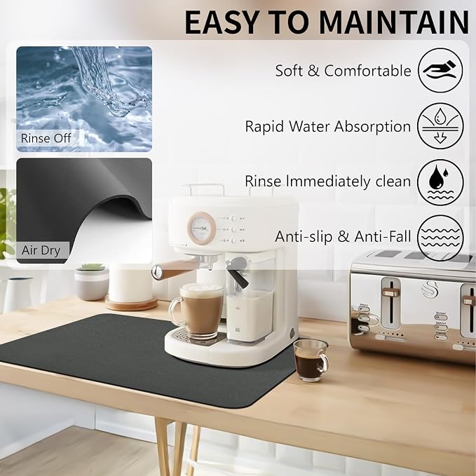 Dish Drying Mat for Kitchen Counter, 16“ x 24” Super Absorbent Kitchen Dish Drying Pad, Coffee Bar Mat with Rubber Backed, Coffee Bar Accessories for Countertop Dishes Utensils, Dark Gray