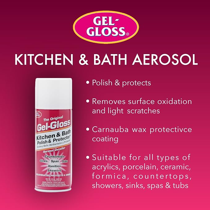 Gel-Gloss Kitchen & Bath Polish Aerosol | Carnauba Cleaner Wax Formulation | Removes Water Spots, Light Scratches & Stains | Restores Color & Shine | Carnauba Wax Protective Coating, 12 oz.