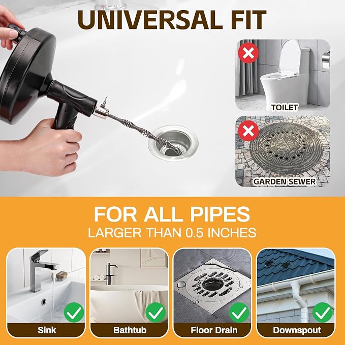 Drain Auger 33 ft, Plumbing Snake Hair Clog Remover Drain Snake Flexible Grabber Heavy Duty Sink Cleaner Tools for Shower Bathtub Bathroom Kitchen Pipe, Black