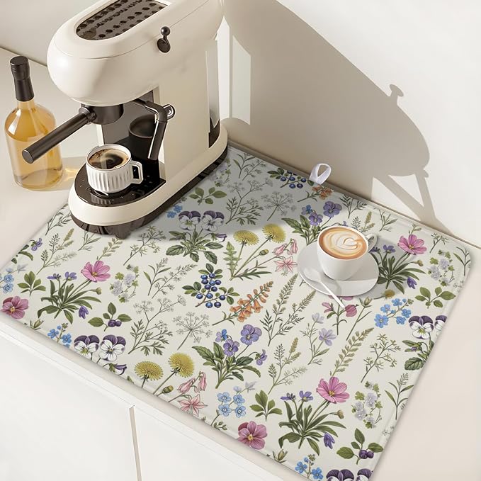 Rustic Botanical Print Floral Dish Drying Mat 18x24 Inch | Polyester，Absorbent Microfiber，for Kitchen Coffee Dining Bar Decor