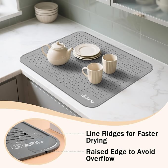 SAPID Silicone Dish Drying Mat: Extra Large 21 x 18 Inch for Dish Drying Rack - Heat Resistant Mat for Kitchen Counter - Easy Clean Dish Drainer Pad - Kitchen Gadgets / Home Essentials for Households