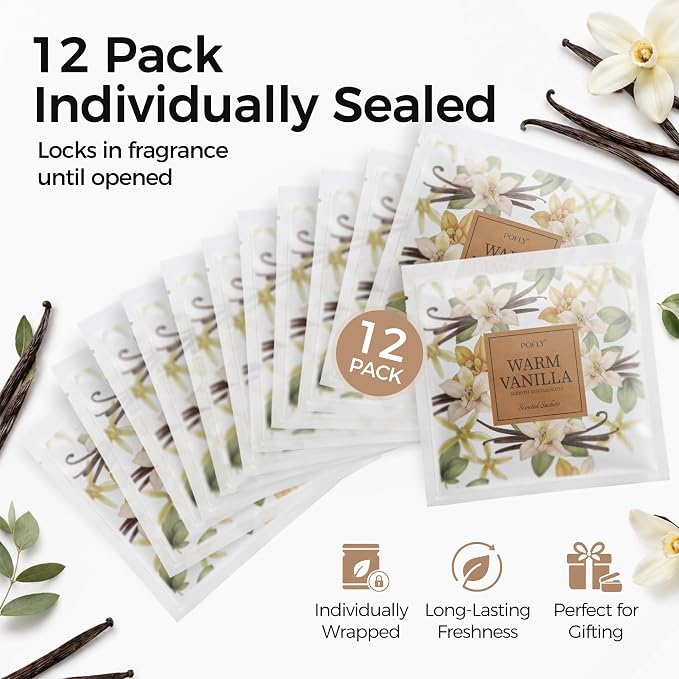 12 Pack Warm Vanilla Scented Sachets, Air Freshener for Small Spaces | Hanging Sachet Bags with Retractable Hook; Closet Deodorizer & Odor Eliminator for Drawers, Shoe Cabinets, Cars & Luggage