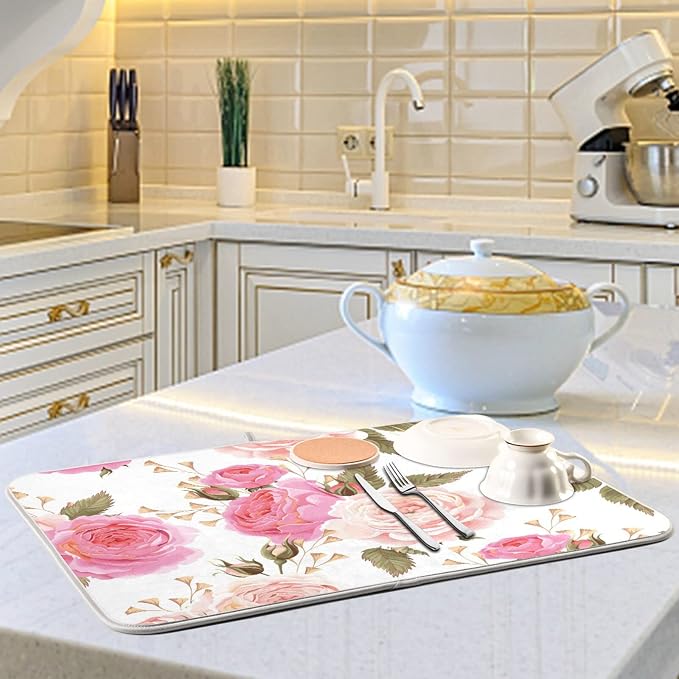 Absorbent Dish Drying Mat for Kitchen Counter - Floral Rose Pink Microfiber Drying Pad, Reversible Drainer Mats for Countertop, Lager 18 x 24 inch