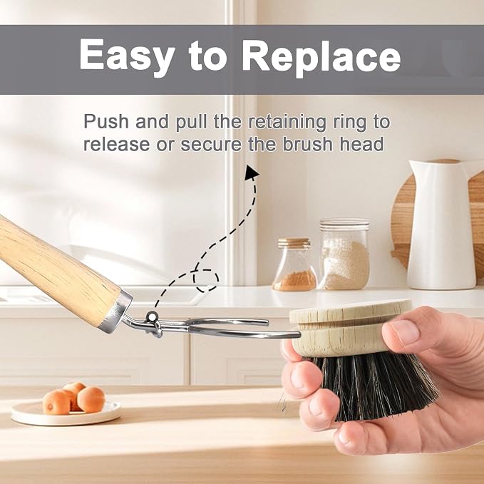 Wooden Dish Brush Set, 4 Natural Bristle Replacement Heads with 1 Sturdy Wooden Handle, Horsehair Kitchen Scrub Brush for Pots, Pans, Vegetables and Cookware