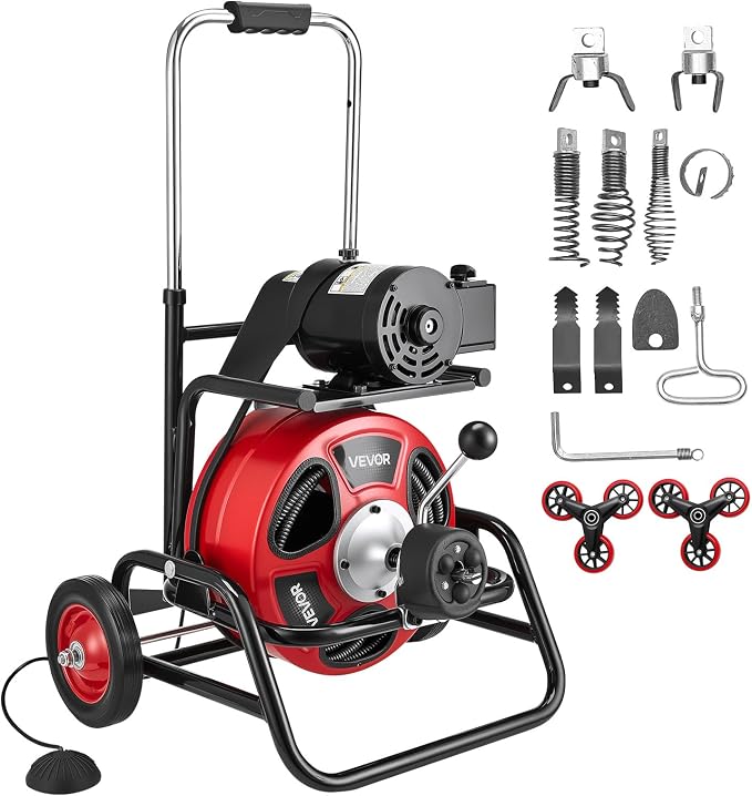 VEVOR Drain Cleaner Machine 100 FT x 1/2 Inch, Auto Feed Sewer Snake Auger, Portable Drain Cleaning Machine with Climbing Wheels, Adjustable Drum, 8 Cutters & Foot Switch for 2" to 6" Pipes