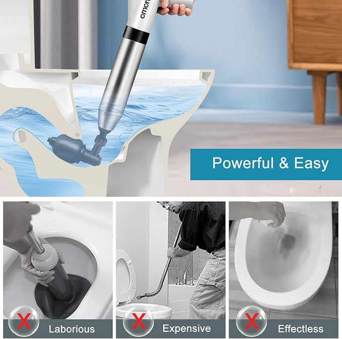 Toilet Plunger Drain Clog Remover: High Pressure Air Drainage Blaster Clog Remover Tool- Stainless Steel White Air Plunger for Bathroom, Sink, Floor, Kitchen Clogged