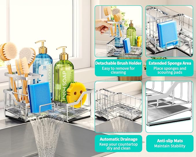 HapiRm Sponge Holder for Kitchen Sink - Rustproof L-Shaped Sink Caddy | Stainless Steel Kitchen Organizer for Sink Corner, Self-Draining 3-in-1 Dish Brush and Sponge Storage, Space-Saving - Silver
