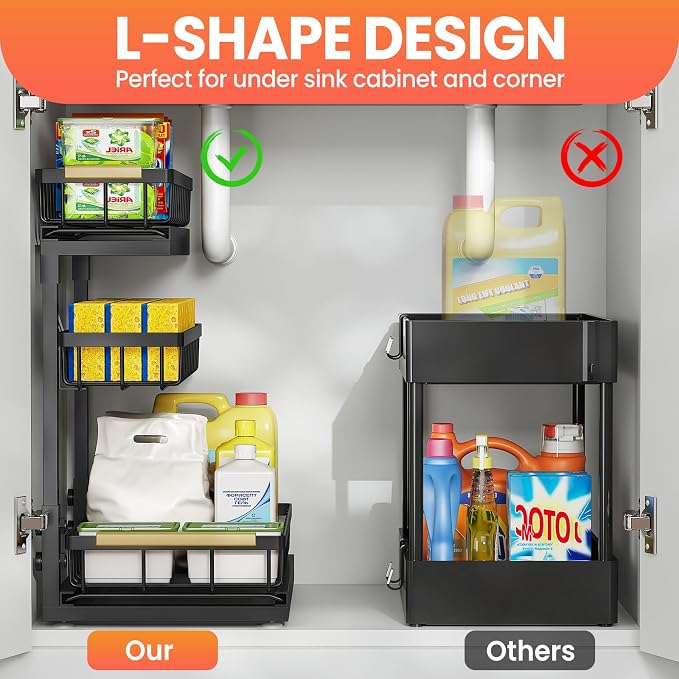 Under Sink Organizer and Storage for Bathroom and Kitchen - 2 Pack 3 Tier Under Cabinet Pull Out Shelf Organizers - Slide Out Drawer Organization for Home Cabinets Shelves and Drawers