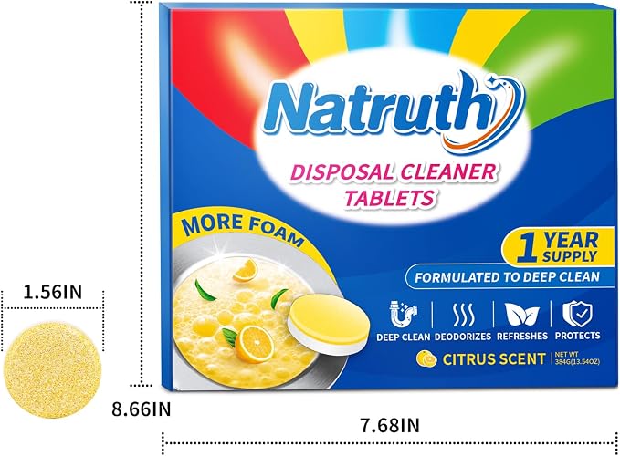 NATRUTH Garbage Disposal Cleaner Tablets - 24 Count - Lemon Scent - Removes Odor & Grease - Safe & Natural - Easy to Use - Deep Cleaning & Freshening - Septic Safe
