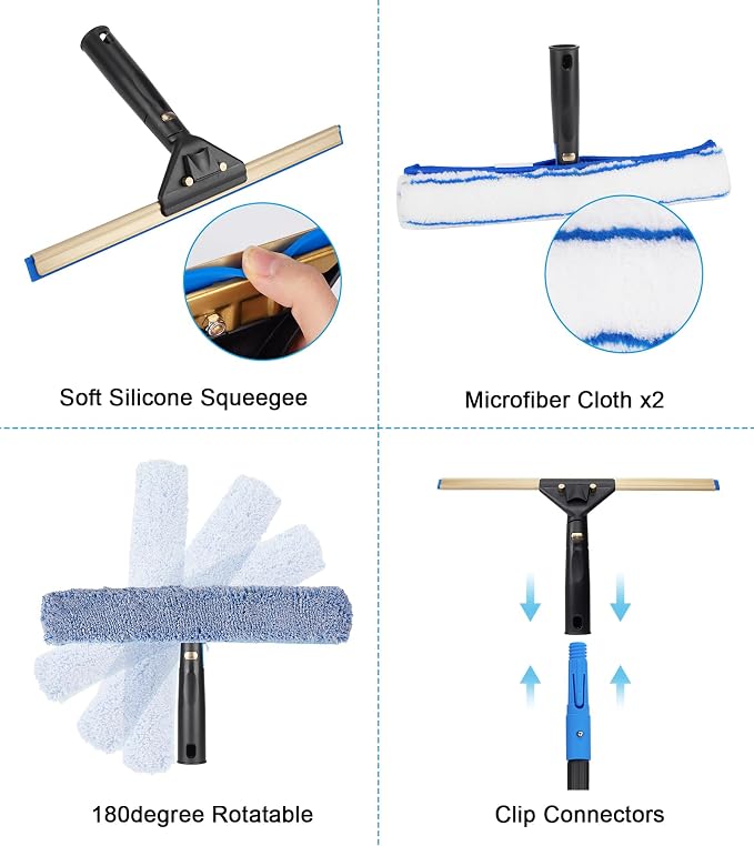 Professional Window Cleaning Kit with 50" Extension Pole, 8-in-1 Window Scrubber Squeegee Set, 14" Flexible Head, 3 Gallon Storage Bucket, Spray Bottle Microfiber Cloths for High Indoor/Outdoor Glass