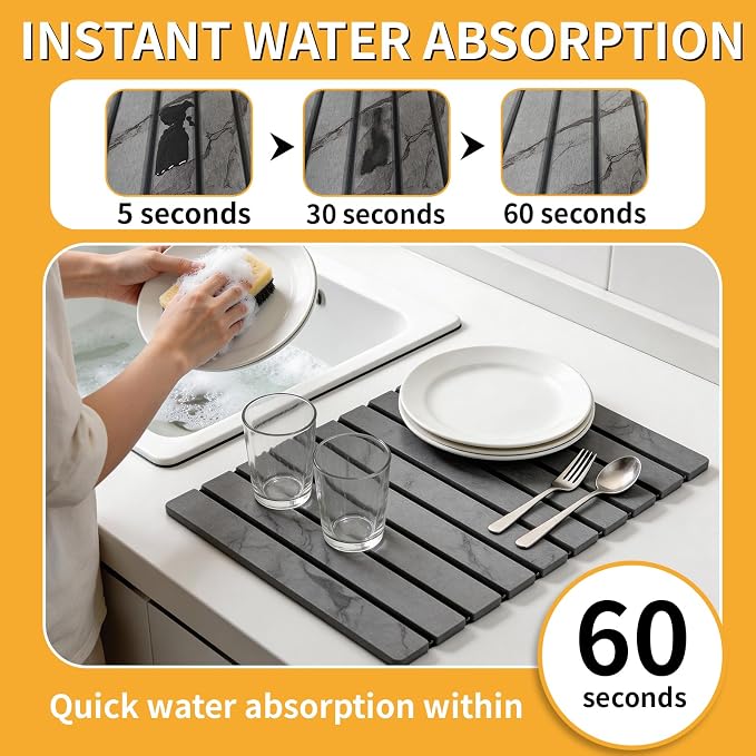 Stone Dish Drying Mat for Kitchen Counter, 24"×16" Quick Dry Stone Dishes Mat, Foldable Water Absorbing Diatomaceous Earth Drying Mats with Non-Slip Heat-Resistant Base for Dishes Utensils(Dark Gray)