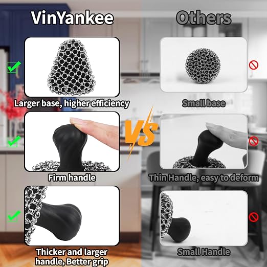 Cast Iron Scrubber with Handle 316 Dish Cast Cleaner Chainmail Scrubber for Pan Skillet Iron Scrub Brush Steel Wool Scrubber Cleaning Kit (1 Scrub + 1 Scraper)