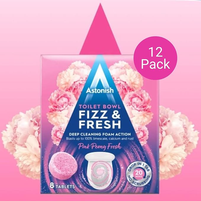 Astonish Foaming Pink Peony Toilet Bowl Cleaner 2 Pack - Deep Cleaning Limescale, Calcium & Rust - No Bottle, Removes Hard Stains (12 Boxes, 96 Tablets)