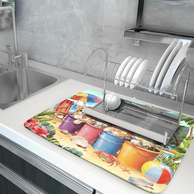 Lovely Cat Dish Drying Mat for Kitchen Counter Holiday Beach Absorbent Coffee Bar Mat 18 X 24 In
