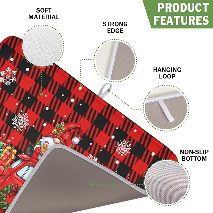 Christmas Dish Drying Mat for Kitchen Counter Xmas Gnome Truck Red Black Buffalo Plaid Dish Drainer Mat Rustic Farmhouse Holiday Absorbent Washable Drying Pad 16"x18"