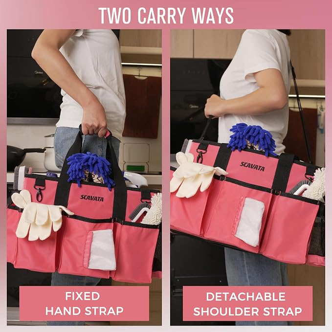 SCAVATA Wearable Cleaning Caddy Bag, Cleaning Caddy Supplies Organizer with Handle & Shoulder Straps for Housekeepers, Under Sink & Car Cleaning Tool Organizers with 4 Foldable Divider (RoseRed)