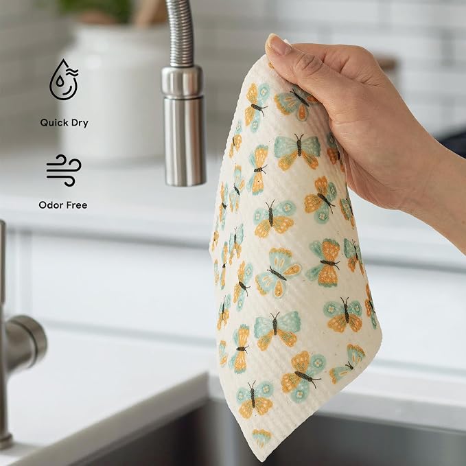 RECYCO Swedish Dishcloths for Kitchen | 5 Pack Gingham Flutter Washable Dish Rags | Cellulose Reusable Cleaning Paper Towels | Absorbent Counter Dish Cloth Sponge Kitchen Wipes, 8" L x 7" W