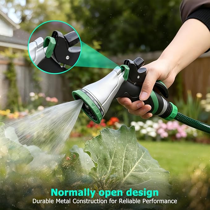 QUOBAS Metal Garden Hose Nozzle, Heavy Duty Water Hose Sprayer, Leak Proof | 10 Pattern Water Nozzle with Rubber Gasket, Garden Sprayer for Watering Plants, Washing Cars, Pet Shower, Green, 2-Pack