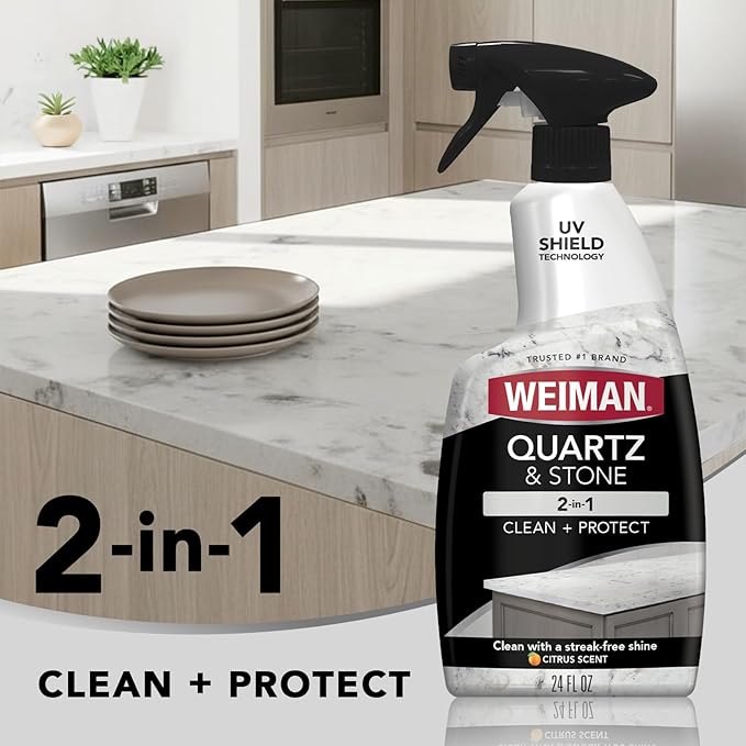 Weiman Quartz Countertop Cleaner and Polish - Clean and Shine Your Granite, Marble Countertops, Kitchen Island, and Stone Surfaces with UV Anti-Fade Protection, Citrus, 24 Ounce with Microfiber Cloth