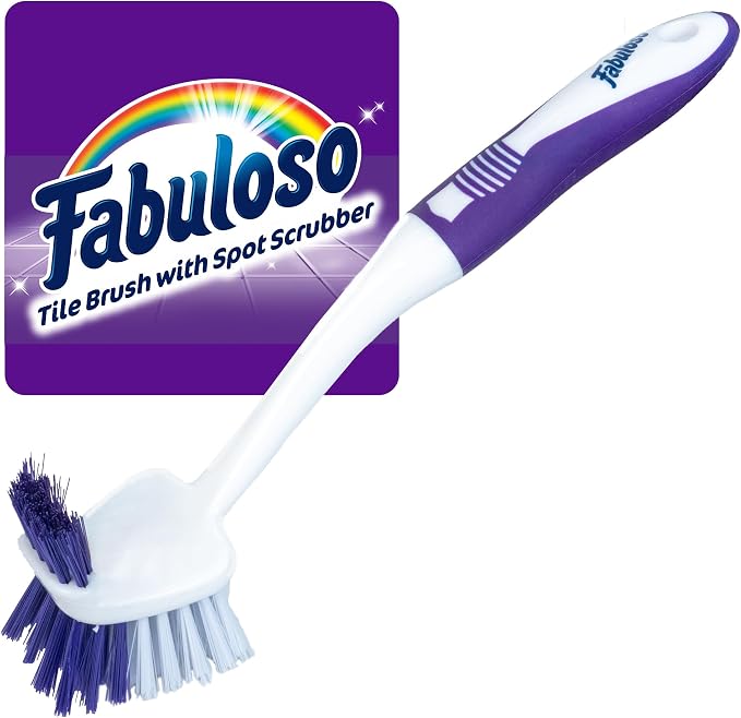 Fabuloso Long Tile Brush with Spot Scrubber, White and Purple, 11 Inch