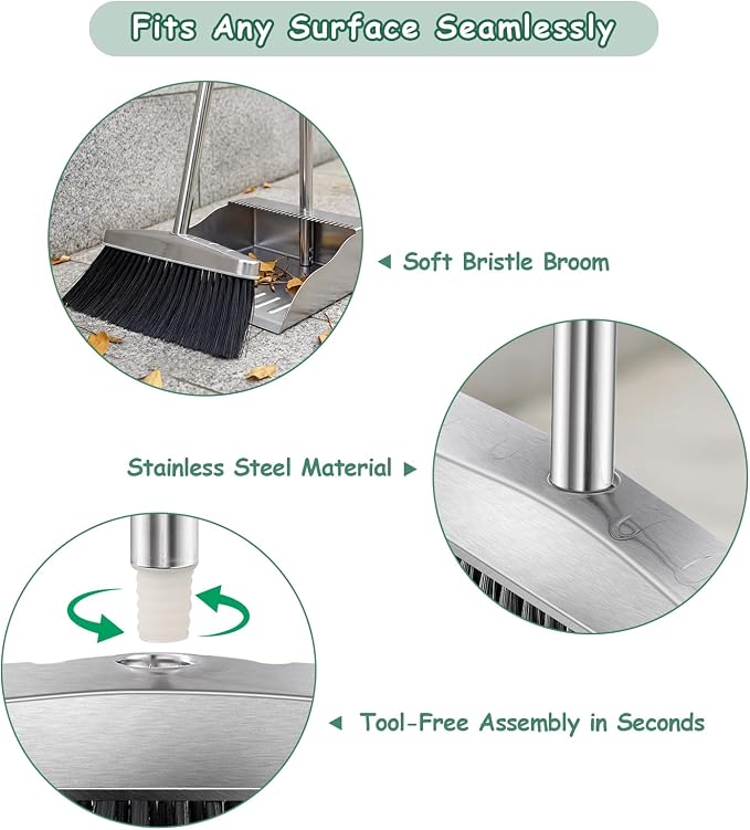 Dustpan with Broom Set,Long Handle Stainless Steel Dustpan and Broom Combo | Heavy Duty Metal Standing Dust Pan with Teeth & Soft Bristles Broom,Indoor Outdoor Dust Pan Broom for Home Office Lobby Floor