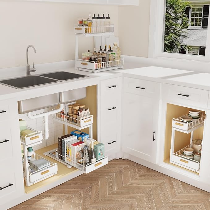 Under Sink Organizer 1 Pack Pull Out Cabinet Organizer with Ball Bearing Sliding Drawer 2 Tier Adjustable Storage Rack Heavy Duty for Kitchen Bathroom White