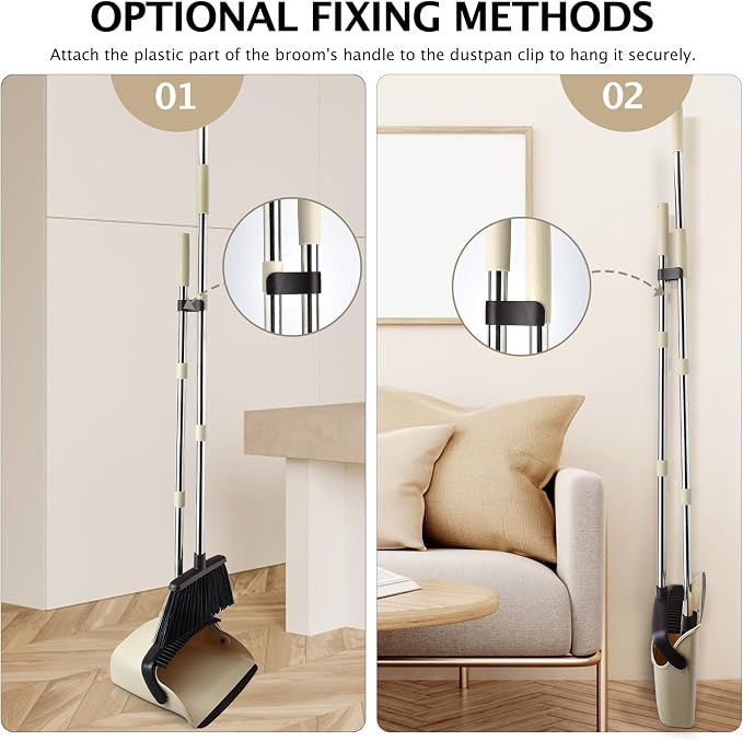 Broom and Dustpan Combo Set,55" Long Handle,Beige | Heavy Dust,Dustpans with Broom Combo,House Accessories for Home, Kitchen,Office,Classroom,Apartment,Pet Hair