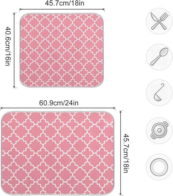 Super Absorbent Dish Drying Mat, Microfiber Fast-Drying Dish Mat, 24" x 18", Kitchen Dish Drying Pad, Pink Moroccan