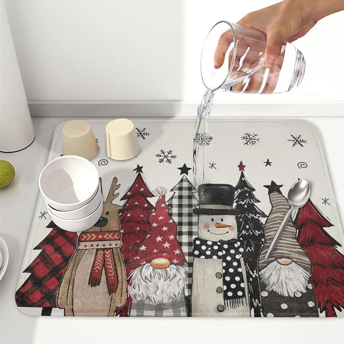 Giwawa Winter Snowman Gnome Dish Drying Mat Xmas Tree Dishes Pad 16"x18" Microfiber Fast Dry Dish Drainer Rack Mats Kitchen Countertop Accessories