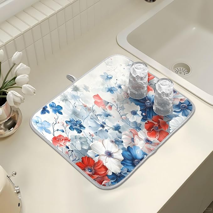 4th of July Patriotic Blue Red White Flowers Dish Drying Mat for Kitchen Counter Absorbent Microfiber Large Independence Day Drying Pad Dish Mats for Kitchen Countertops 18 x 24 Inch
