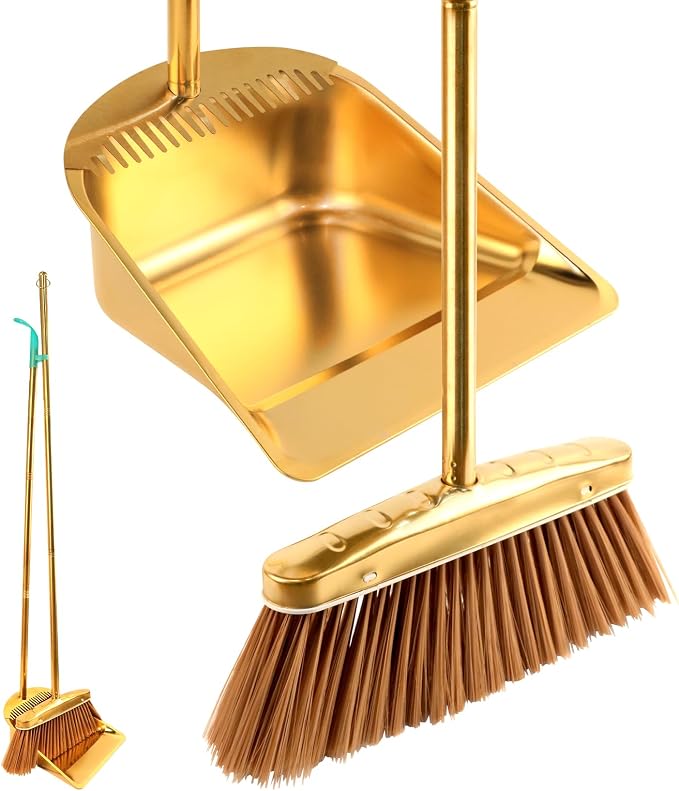 Gold Stainless Steel Broom and Dustpan Set, 2-Piece Long Handle Standing Pan with Comb Teeth, Heavy Duty Windproof Upright Design for Home, Kitchen, Indoor Outdoor Use